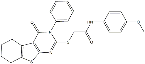 N-(4-methoxyphenyl)-2-[(4-oxo-3-phenyl-3,4,5,6,7,8-hexahydro[1]benzothieno[2,3-d]pyrimidin-2-yl)sulfanyl]acetamide 结构式