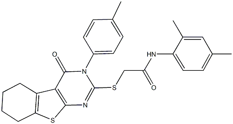 N-(2,4-dimethylphenyl)-2-{[3-(4-methylphenyl)-4-oxo-3,4,5,6,7,8-hexahydro[1]benzothieno[2,3-d]pyrimidin-2-yl]sulfanyl}acetamide 结构式