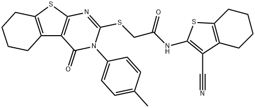 N-(3-cyano-4,5,6,7-tetrahydro-1-benzothien-2-yl)-2-{[3-(4-methylphenyl)-4-oxo-3,4,5,6,7,8-hexahydro[1]benzothieno[2,3-d]pyrimidin-2-yl]sulfanyl}acetamide 结构式