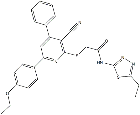 2-{[3-cyano-6-(4-ethoxyphenyl)-4-phenyl-2-pyridinyl]sulfanyl}-N-(5-ethyl-1,3,4-thiadiazol-2-yl)acetamide 结构式