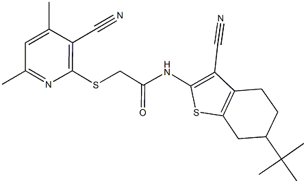 N-(6-tert-butyl-3-cyano-4,5,6,7-tetrahydro-1-benzothien-2-yl)-2-[(3-cyano-4,6-dimethyl-2-pyridinyl)sulfanyl]acetamide 结构式