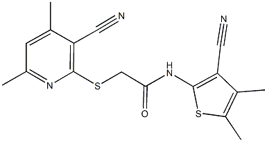 2-[(3-cyano-4,6-dimethyl-2-pyridinyl)sulfanyl]-N-(3-cyano-4,5-dimethyl-2-thienyl)acetamide 结构式