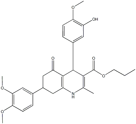 propyl 7-(3,4-dimethoxyphenyl)-4-(3-hydroxy-4-methoxyphenyl)-2-methyl-5-oxo-1,4,5,6,7,8-hexahydro-3-quinolinecarboxylate 结构式