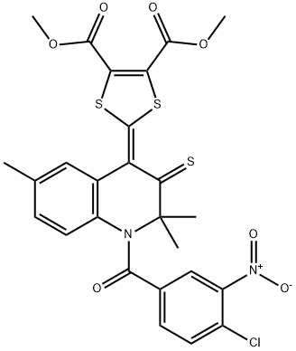 dimethyl 2-(1-{4-chloro-3-nitrobenzoyl}-2,2,6-trimethyl-3-thioxo-2,3-dihydro-4(1H)-quinolinylidene)-1,3-dithiole-4,5-dicarboxylate 结构式