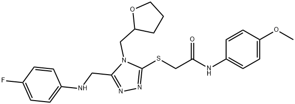 2-{[5-[(4-fluoroanilino)methyl]-4-(tetrahydro-2-furanylmethyl)-4H-1,2,4-triazol-3-yl]sulfanyl}-N-(4-methoxyphenyl)acetamide 结构式