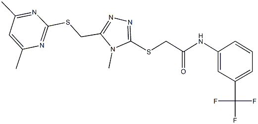 2-[(5-{[(4,6-dimethyl-2-pyrimidinyl)sulfanyl]methyl}-4-methyl-4H-1,2,4-triazol-3-yl)sulfanyl]-N-[3-(trifluoromethyl)phenyl]acetamide 结构式