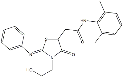 N-(2,6-dimethylphenyl)-2-[3-(2-hydroxyethyl)-4-oxo-2-(phenylimino)-1,3-thiazolidin-5-yl]acetamide 结构式