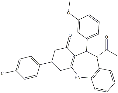 10-acetyl-3-(4-chlorophenyl)-11-(3-methoxyphenyl)-2,3,4,5,10,11-hexahydro-1H-dibenzo[b,e][1,4]diazepin-1-one 结构式