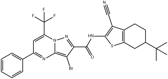 3-bromo-N-(6-tert-butyl-3-cyano-4,5,6,7-tetrahydro-1-benzothien-2-yl)-5-phenyl-7-(trifluoromethyl)pyrazolo[1,5-a]pyrimidine-2-carboxamide 结构式