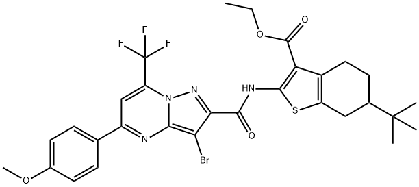 ethyl 2-({[3-bromo-5-(4-methoxyphenyl)-7-(trifluoromethyl)pyrazolo[1,5-a]pyrimidin-2-yl]carbonyl}amino)-6-tert-butyl-4,5,6,7-tetrahydro-1-benzothiophene-3-carboxylate 结构式