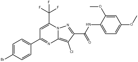 5-(4-bromophenyl)-3-chloro-N-(2,4-dimethoxyphenyl)-7-(trifluoromethyl)pyrazolo[1,5-a]pyrimidine-2-carboxamide 结构式