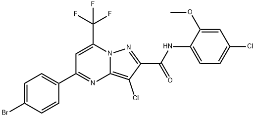 5-(4-bromophenyl)-3-chloro-N-(4-chloro-2-methoxyphenyl)-7-(trifluoromethyl)pyrazolo[1,5-a]pyrimidine-2-carboxamide 结构式