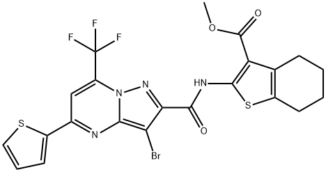 methyl 2-({[3-bromo-5-(2-thienyl)-7-(trifluoromethyl)pyrazolo[1,5-a]pyrimidin-2-yl]carbonyl}amino)-4,5,6,7-tetrahydro-1-benzothiophene-3-carboxylate 结构式