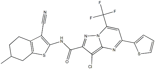 3-chloro-N-(3-cyano-6-methyl-4,5,6,7-tetrahydro-1-benzothien-2-yl)-5-(2-thienyl)-7-(trifluoromethyl)pyrazolo[1,5-a]pyrimidine-2-carboxamide 结构式