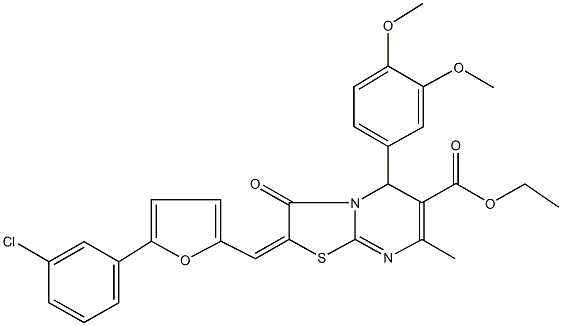 ethyl 2-{[5-(3-chlorophenyl)-2-furyl]methylene}-5-(3,4-dimethoxyphenyl)-7-methyl-3-oxo-2,3-dihydro-5H-[1,3]thiazolo[3,2-a]pyrimidine-6-carboxylate 结构式