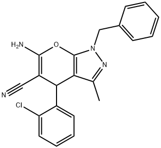 6-amino-4-(2-chlorophenyl)-3-methyl-1-(phenylmethyl)-1,4-dihydropyrano[2,3-c]pyrazole-5-carbonitrile 结构式