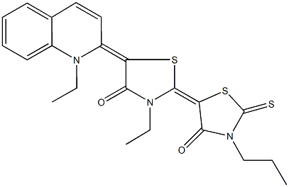 3-ethyl-5-(1-ethyl-2(1H)-quinolinylidene)-3'-propyl-2'-thioxo-2,5'-bis[1,3-thiazolidin-2-ylidene]-4,4'-dione 结构式