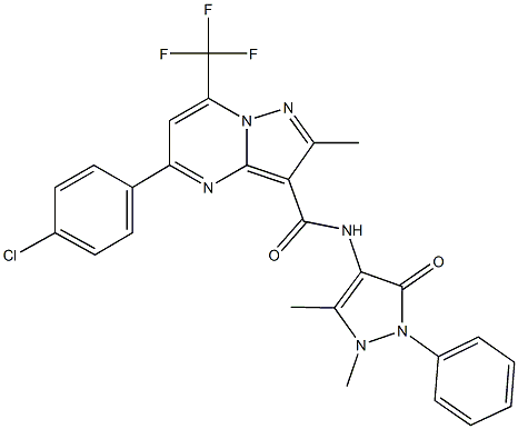 5-(4-chlorophenyl)-N-(1,5-dimethyl-3-oxo-2-phenyl-2,3-dihydro-1H-pyrazol-4-yl)-2-methyl-7-(trifluoromethyl)pyrazolo[1,5-a]pyrimidine-3-carboxamide 结构式