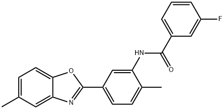3-fluoro-N-[2-methyl-5-(5-methyl-1,3-benzoxazol-2-yl)phenyl]benzamide 结构式