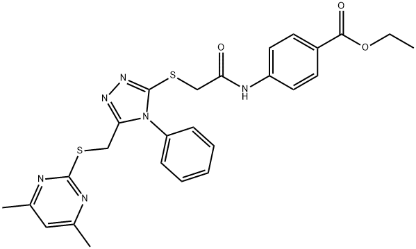 ethyl 4-({[(5-{[(4,6-dimethyl-2-pyrimidinyl)sulfanyl]methyl}-4-phenyl-4H-1,2,4-triazol-3-yl)sulfanyl]acetyl}amino)benzoate 结构式