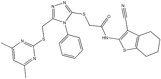 N-(3-cyano-4,5,6,7-tetrahydro-1-benzothien-2-yl)-2-[(5-{[(4,6-dimethyl-2-pyrimidinyl)sulfanyl]methyl}-4-phenyl-4H-1,2,4-triazol-3-yl)sulfanyl]acetamide 结构式