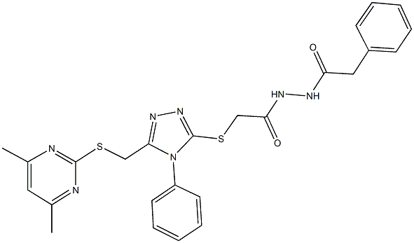 2-[(5-{[(4,6-dimethyl-2-pyrimidinyl)sulfanyl]methyl}-4-phenyl-4H-1,2,4-triazol-3-yl)sulfanyl]-N'-(phenylacetyl)acetohydrazide 结构式