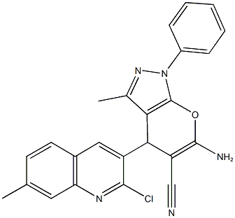 6-amino-4-(2-chloro-7-methyl-3-quinolinyl)-3-methyl-1-phenyl-1,4-dihydropyrano[2,3-c]pyrazole-5-carbonitrile 结构式