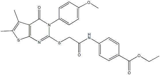 ethyl 4-[({[3-(4-methoxyphenyl)-5,6-dimethyl-4-oxo-3,4-dihydrothieno[2,3-d]pyrimidin-2-yl]sulfanyl}acetyl)amino]benzoate 结构式