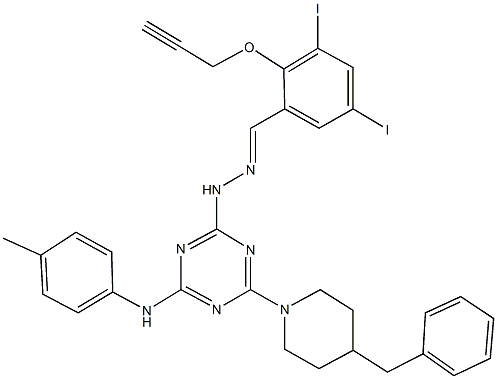 3,5-diiodo-2-(2-propynyloxy)benzaldehyde [4-(4-benzyl-1-piperidinyl)-6-(4-toluidino)-1,3,5-triazin-2-yl]hydrazone 结构式