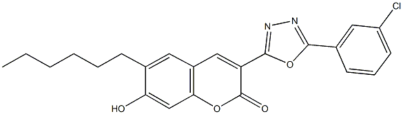 3-[5-(3-chlorophenyl)-1,3,4-oxadiazol-2-yl]-6-hexyl-7-hydroxy-2H-chromen-2-one 结构式