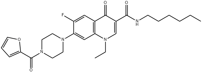 1-ethyl-6-fluoro-7-[4-(2-furoyl)-1-piperazinyl]-N-hexyl-4-oxo-1,4-dihydro-3-quinolinecarboxamide 结构式