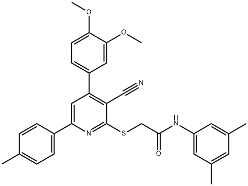 2-{[3-cyano-4-(3,4-dimethoxyphenyl)-6-(4-methylphenyl)-2-pyridinyl]sulfanyl}-N-(3,5-dimethylphenyl)acetamide 结构式