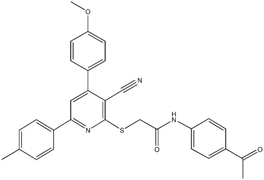 N-(4-acetylphenyl)-2-{[3-cyano-4-(4-methoxyphenyl)-6-(4-methylphenyl)-2-pyridinyl]sulfanyl}acetamide 结构式