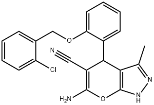 6-amino-4-{2-[(2-chlorobenzyl)oxy]phenyl}-3-methyl-1,4-dihydropyrano[2,3-c]pyrazole-5-carbonitrile 结构式