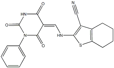 2-{[(2,4,6-trioxo-1-phenyltetrahydro-5(2H)-pyrimidinylidene)methyl]amino}-4,5,6,7-tetrahydro-1-benzothiophene-3-carbonitrile 结构式