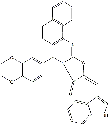 7-(3,4-dimethoxyphenyl)-10-(1H-indol-3-ylmethylene)-5,7-dihydro-6H-benzo[h][1,3]thiazolo[2,3-b]quinazolin-9(10H)-one 结构式