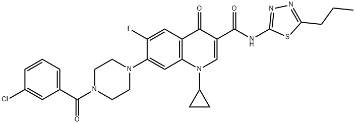 7-[4-(3-chlorobenzoyl)-1-piperazinyl]-1-cyclopropyl-6-fluoro-4-oxo-N-(5-propyl-1,3,4-thiadiazol-2-yl)-1,4-dihydro-3-quinolinecarboxamide 结构式