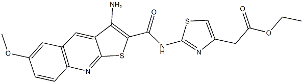 ethyl (2-{[(3-amino-6-methoxythieno[2,3-b]quinolin-2-yl)carbonyl]amino}-1,3-thiazol-4-yl)acetate 结构式