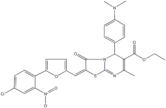 ethyl 2-[(5-{4-chloro-2-nitrophenyl}-2-furyl)methylene]-5-[4-(dimethylamino)phenyl]-7-methyl-3-oxo-2,3-dihydro-5H-[1,3]thiazolo[3,2-a]pyrimidine-6-carboxylate 结构式
