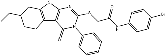 N-(4-bromophenyl)-2-[(7-ethyl-4-oxo-3-phenyl-3,4,5,6,7,8-hexahydro[1]benzothieno[2,3-d]pyrimidin-2-yl)sulfanyl]acetamide 结构式