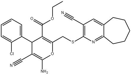 ethyl 6-amino-4-(2-chlorophenyl)-5-cyano-2-{[(3-cyano-6,7,8,9-tetrahydro-5H-cyclohepta[b]pyridin-2-yl)sulfanyl]methyl}-4H-pyran-3-carboxylate 结构式