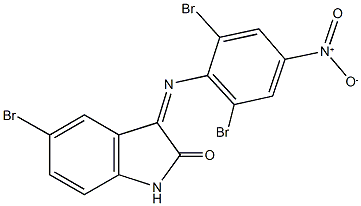 5-bromo-3-({2,6-dibromo-4-nitrophenyl}imino)-1,3-dihydro-2H-indol-2-one 结构式