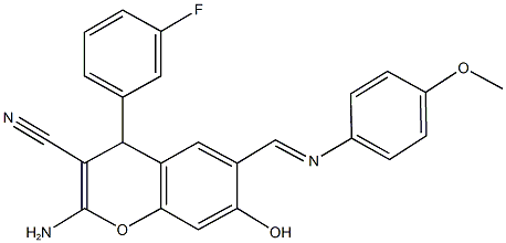 2-amino-4-(3-fluorophenyl)-7-hydroxy-6-{[(4-methoxyphenyl)imino]methyl}-4H-chromene-3-carbonitrile 结构式