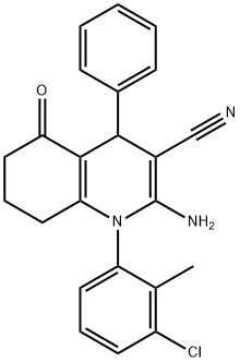 2-amino-1-(3-chloro-2-methylphenyl)-5-oxo-4-phenyl-1,4,5,6,7,8-hexahydro-3-quinolinecarbonitrile 结构式
