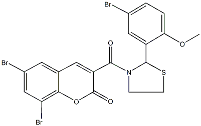 6,8-dibromo-3-{[2-(5-bromo-2-methoxyphenyl)-1,3-thiazolidin-3-yl]carbonyl}-2H-chromen-2-one 结构式