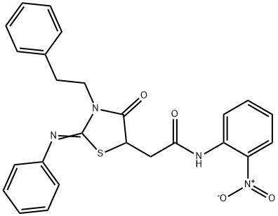 N-{2-nitrophenyl}-2-[4-oxo-3-(2-phenylethyl)-2-(phenylimino)-1,3-thiazolidin-5-yl]acetamide 结构式