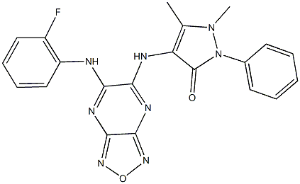 4-{[6-(2-fluoroanilino)[1,2,5]oxadiazolo[3,4-b]pyrazin-5-yl]amino}-1,5-dimethyl-2-phenyl-1,2-dihydro-3H-pyrazol-3-one 结构式