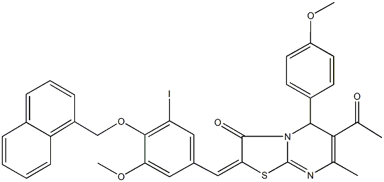 6-acetyl-2-[3-iodo-5-methoxy-4-(1-naphthylmethoxy)benzylidene]-5-(4-methoxyphenyl)-7-methyl-5H-[1,3]thiazolo[3,2-a]pyrimidin-3(2H)-one 结构式