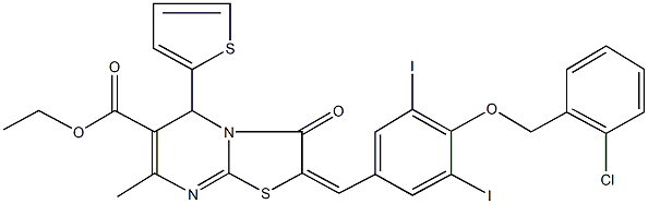 ethyl 2-{4-[(2-chlorobenzyl)oxy]-3,5-diiodobenzylidene}-7-methyl-3-oxo-5-(2-thienyl)-2,3-dihydro-5H-[1,3]thiazolo[3,2-a]pyrimidine-6-carboxylate 结构式