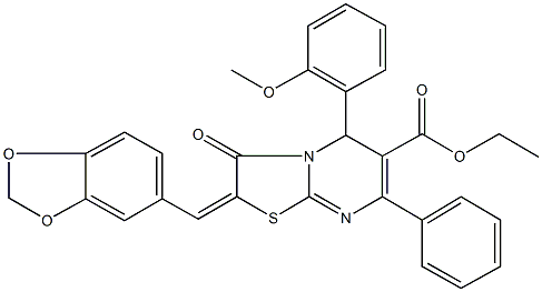 ethyl 2-(1,3-benzodioxol-5-ylmethylene)-5-(2-methoxyphenyl)-3-oxo-7-phenyl-2,3-dihydro-5H-[1,3]thiazolo[3,2-a]pyrimidine-6-carboxylate 结构式